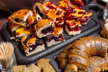 Samples Homemade Bread, a table with sliced bread. Tasting of bread products. © Alex Li