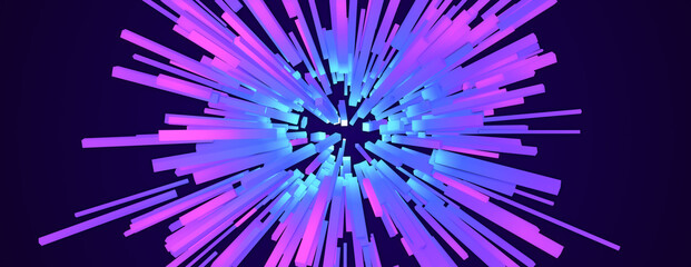 3D colorful geometric cube star explosion, abstract glow square starburst line ray beam, creative chaotic geometry shape, digital blue and purple background