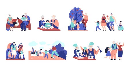 Grandparents and grandchildren. Old people, elderly characters with relatives. Family visit, cartoon grandmother kids vector scene. Grandfather and grandparent, illustration with grandchildren spend