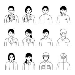 医療従事者のシンプルな顔アイコンイラストセット　