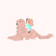 Little cute girl brushing her beautiful dog with long fur. Dog and its owner together. Dog grooming. Cute family illustration in cartoon hand drawn style