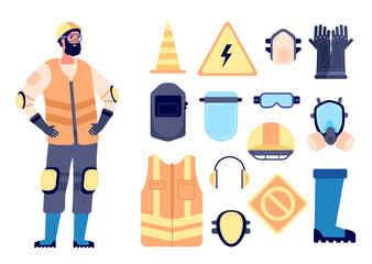 Builder safety equipment. Construction worker, protection and work gear. Man in vest glasses helmet, personal health utter vector concept. Builder worker, work safety and helmet illustration