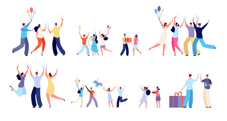 Fototapeta na wymiar Diverse party characters. Fun festival people, laughing dance jumping young woman man. Isolated flat birthday children fest utter vector set. Illustration party diversity, woman and man together