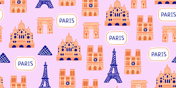 Vector seamless pattern with Parisian landmarks, parisian sign, trees on pink background. Tourist pattern with french landmarks. 