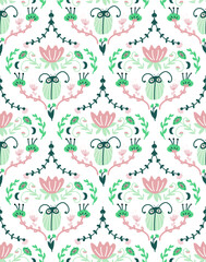 Floral baroque design with bugs. Damask seamless pattern. Old fashioned classical  ornament texture for textile, wallpapers, wrapping.  