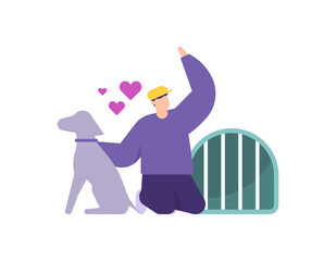 a concept of pet keeper, animal lover, pet care services. illustration of a boy playing with his dog. flat style. vector design elements