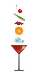Alcoholic red cocktail cosmopolitan glass and ingredients: ice, orange, cranberry, rosemary, maraschino cherry. Vertical vector illustration