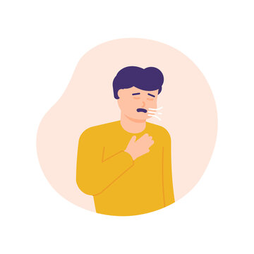 a man experiences shortness of breath or asthma. hands holding the chest and difficulty breathing. expression of a person whose chest is sick or unwell. flat style. vector design element