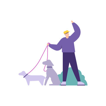 a concept of pet keeper, animal lover, pet care services. illustration of man walking his dog in the park. flat style. vector design elements