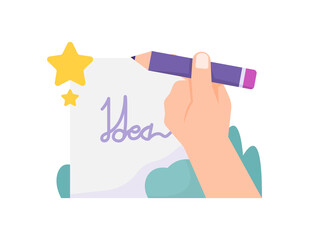 a concept of a writer, copywriter, content creator. illustration of a hand holding a pencil, sheet of paper, stars. flat style. vector design element