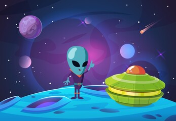 Space colonization background. Alien, ufo character on new planet in universe. Spaceship and galaxy, meteorites and cartoon cosmos vector illustration. Alien colonization ufo on planet