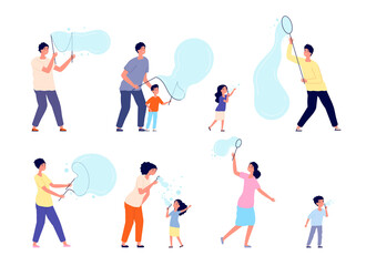 Fototapeta na wymiar Kids play with bubbles. Children summer activity, adult blowing soap bubble. Modern party show, child fun outdoor game utter vector characters. Illustration play child, blowing soap ball