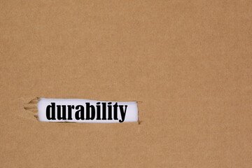 The word durability is written in a hole in the cardboard. The concept of durability