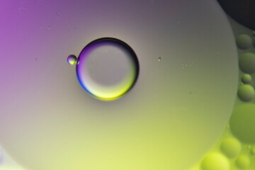 macro oil water photography Abstract background and texture of bubbles light multi color illumination.  art water surface for your products display and artwork design with copy space. Watery glare 