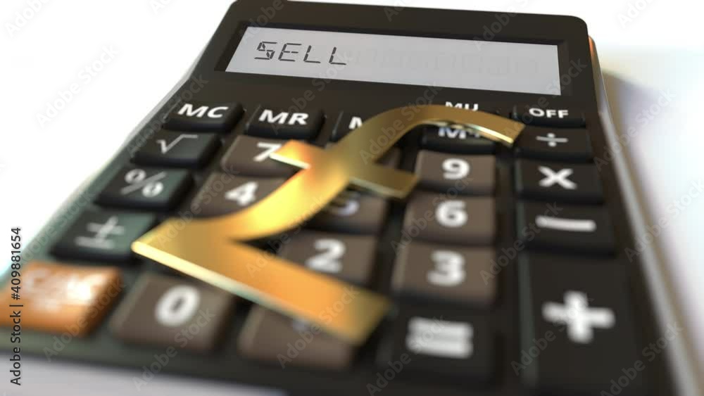 Aufkleber pound currency symbol on the keys and sell text on calculator display. conceptual 3d animation