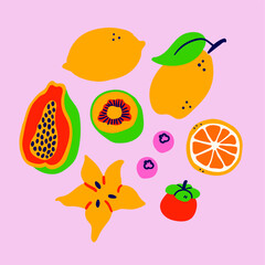 Vector illustration of tropical fruits isolated on pink background. Tropical tasty illustration for t shirt, textile, print. Passion fruit, lemon, citrus fruits, orange, litchi, berry. Exotic fruits