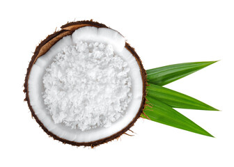 Coconuts with coconuts flakes. Cocos white. Coconut with pandan leaves isolate on white background.