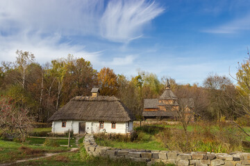 Fototapeta na wymiar Landscape with old Ukrainian wooden rural house, Pyrohiv, Kyiv, Ukraine