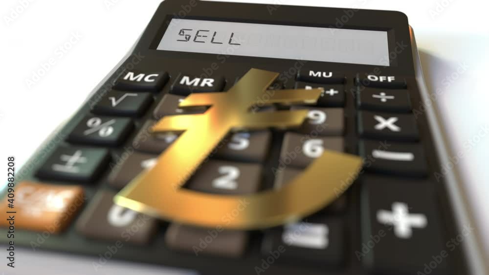 Poster lira money symbol on the keys and sell text on calculator display, conceptual 3d animation
