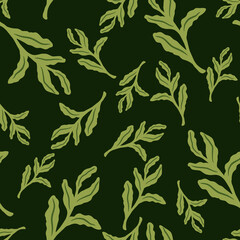 Random seamless pattern in autumn style with green foliage shapes. Brown dark background.