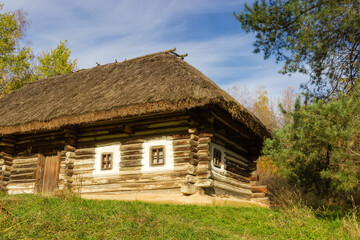Fototapeta na wymiar Old Ukrainian wooden rural house, Pyrohiv, Kyiv, Ukraine