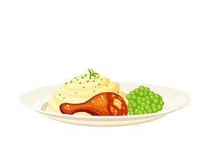 Plate of mashed potatoes with fried chicken drumstick and green peas. Vector illustration cartoon flat icon isolated on white background.