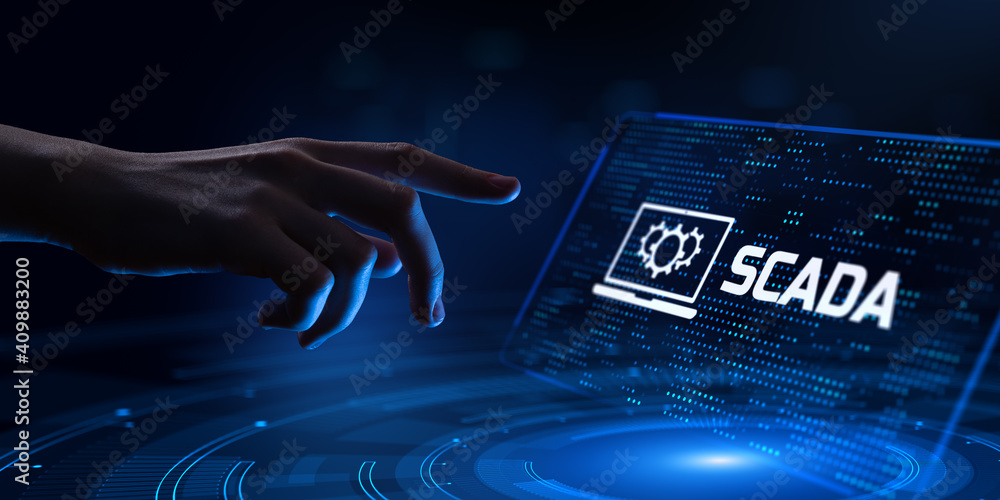 Poster scada system supervisory control and data acquisition technology concept. hand pressing button.