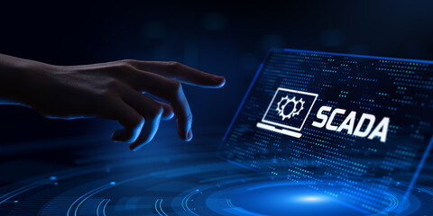 SCADA system Supervisory Control And Data Acquisition technology concept. Hand pressing button.