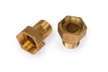 Brass threaded plumbing connections with nuts on a white background