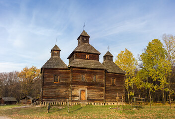 Fototapeta na wymiar Ancient wooden church of 18th century, Pyrohiv, Kyiv, Ukraine