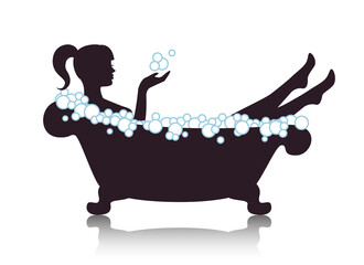 silhouette graceful beautiful woman takes a bath with foam on a white background 