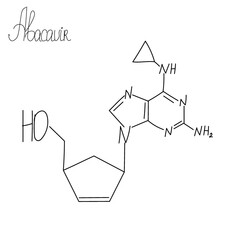 Chemical formula Abacavir. Antiretroviral drugs.Formula of an antiviral agent for the treatment of HIV from the class of nucleoside reverse transcriptase inhibitors. Vector illustration on white. 