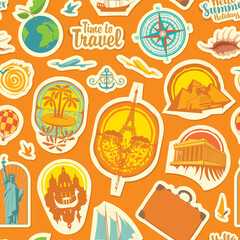 Seamless pattern on the theme of travel and vacations. Repeating vector background with stickers or magnets from various countries on an orange backdrop in retro style