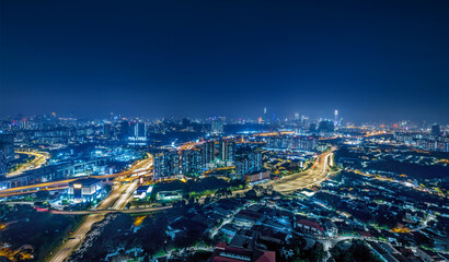 Night aerial view of modern cityscape in kuala lumpur malaysia.