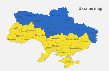 Map of the Ukraine in the colors of the flag, administrative divisions vector