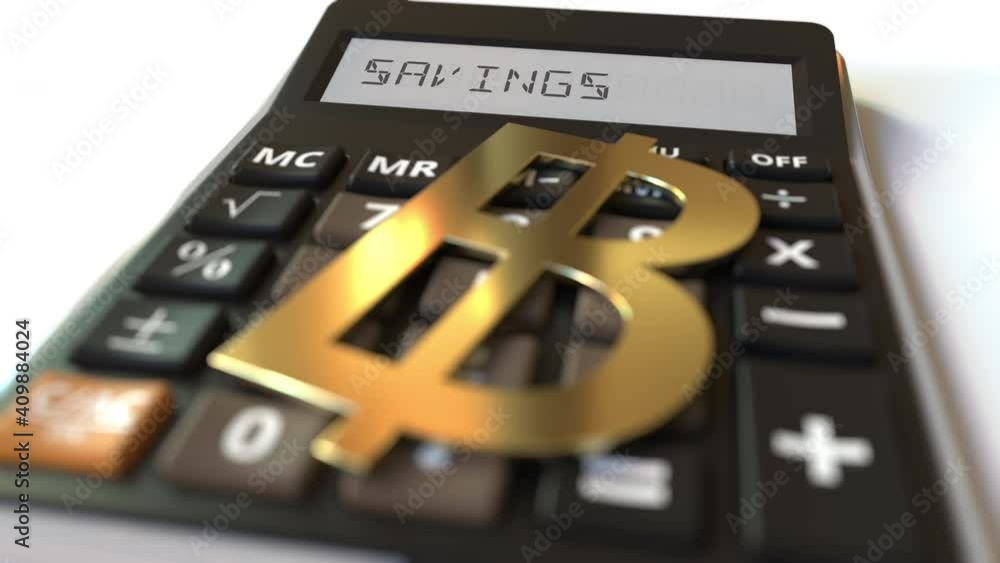 Poster baht money symbol on the keys and savings text on calculator display, conceptual 3d animation
