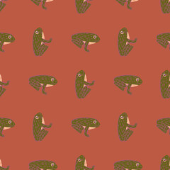Tropic animal marine seamless pattern with amphibian green olive frog shapes. Pale dark pink background.