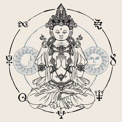 Banner with a meditating Buddha seated in the lotus position. Decorative vector illustration of hand-drawn Buddha, Moon and Sun inside a circle with buddhist signs. Awakened and Enlightened