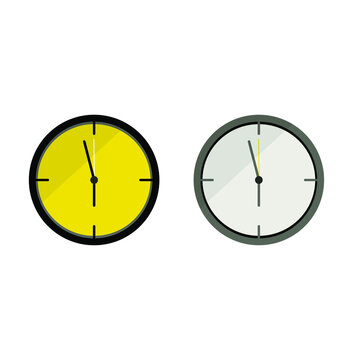 two fancy minimalistic wall clocks, created in flat, logo, with yellow and white clockface, business clock, design element