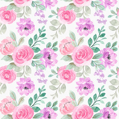 Seamless pattern of pink purple watercolor flowers
