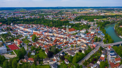 Aerial view of the old tow of the city Mühldorf in Germany, Bavaria on a sunny spring day afternoon.	