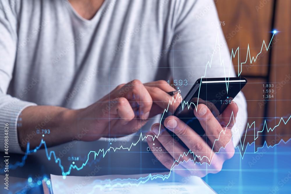 Poster trader holding in the hands a smart phone and researching stock market to proceed right investment s