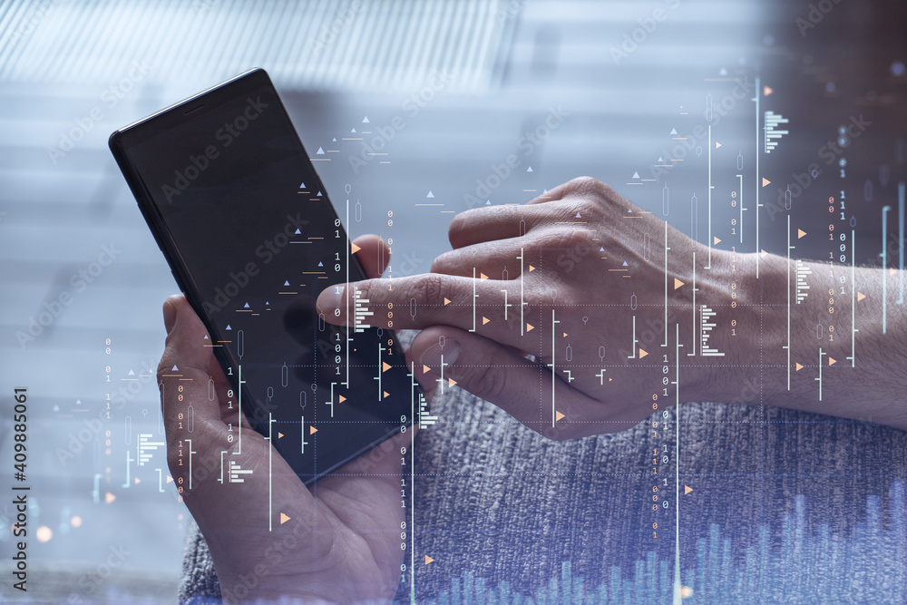 Poster trader holding in the hands a smart phone and researching stock market to proceed right investment s