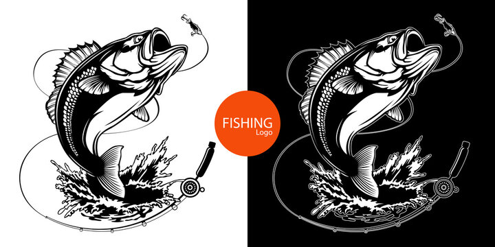 Fishing bass logo. Bass fish with rod club emblem. Fishing theme illustration. Fish Isolated on white.