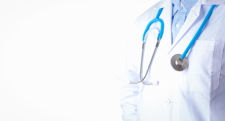 Medical doctor in uniform white coat holding blue stethoseope concept, Business healthcare hospital doctor white isolate background.