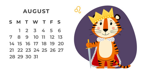 Horizontal desktop calendar design template for August 2022, the year of the Tiger in the Chinese calendar. Calendar with zodiac signs. The week starts on Sunday. Vector stock flat illustration.
