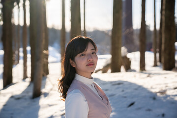 女性と雪と自然