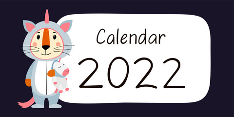 Desktop horizontal calendar cover design template for 2022, the year of the Tiger according to the Chinese calendar. Vector stock flat illustration.