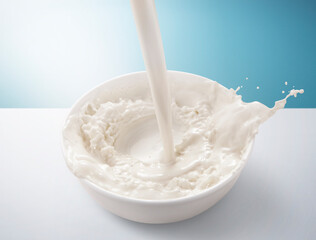Fresh milk pouring in bowl with splash. isolated on blue and white background.