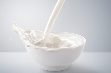 Fresh milk pouring in bowl with splash. isolated on grey and white background.